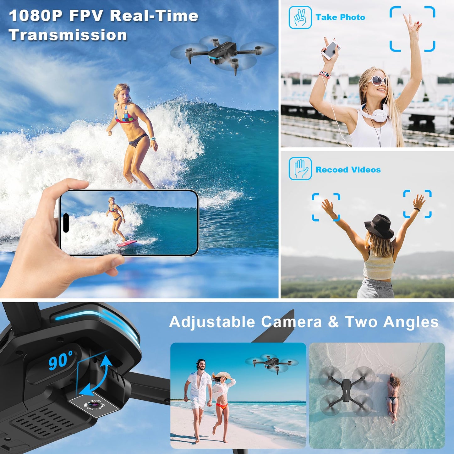 Drones with Camera for Adults 1080P HD Foldable Drone with Carrying Case Drone with One Key Take Off/Land, 3 Speed Mode, 360° Flip Dark Black
