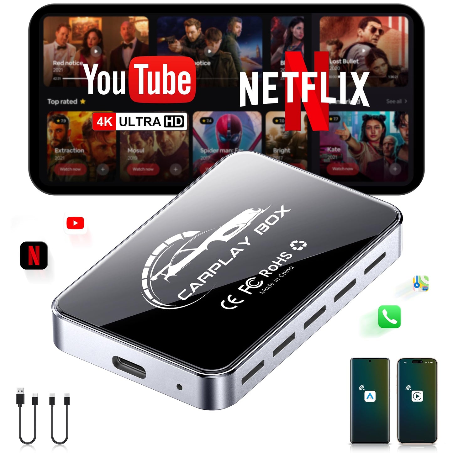 AI Box Wireless CarPlay & Auto Adapter - Plug & Play, Dual-Band WiFi, Bluetooth 5.0, 4K Video Support, Android 12.0 System, Compatible with Factory CarPlay & Android Auto (4GB RAM+32GB ROM)