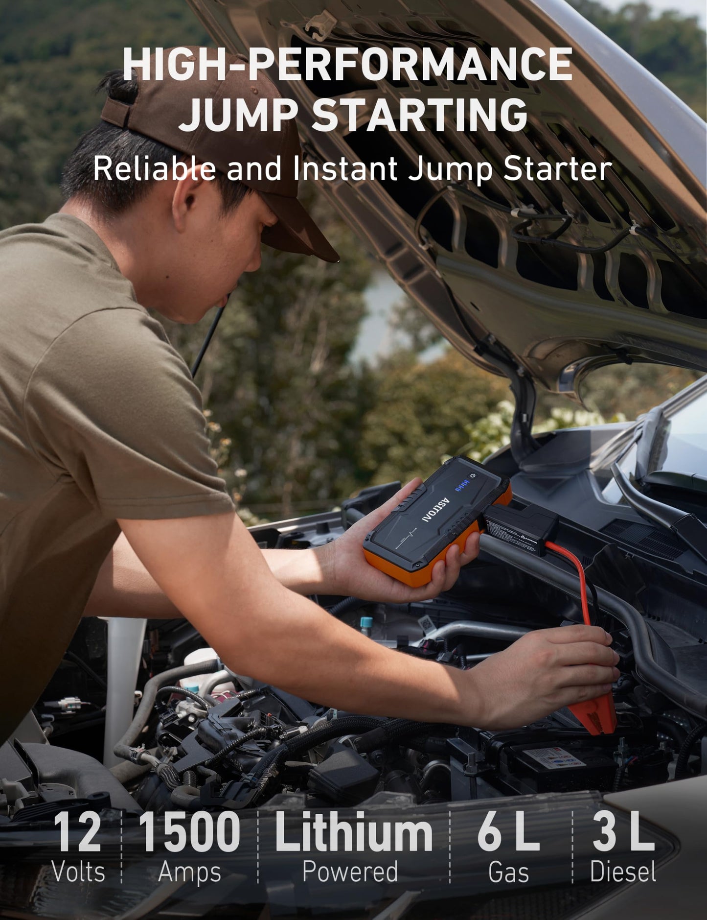 AstroAI S8 Car Battery Jump Starter, Car Jumper Starter Battery Pack for Up to 6.0L Gas & 3.0L Diesel Engines, 12V Portable Jump Box with 3 Modes Flashlight and Jumper Cable (Orange)