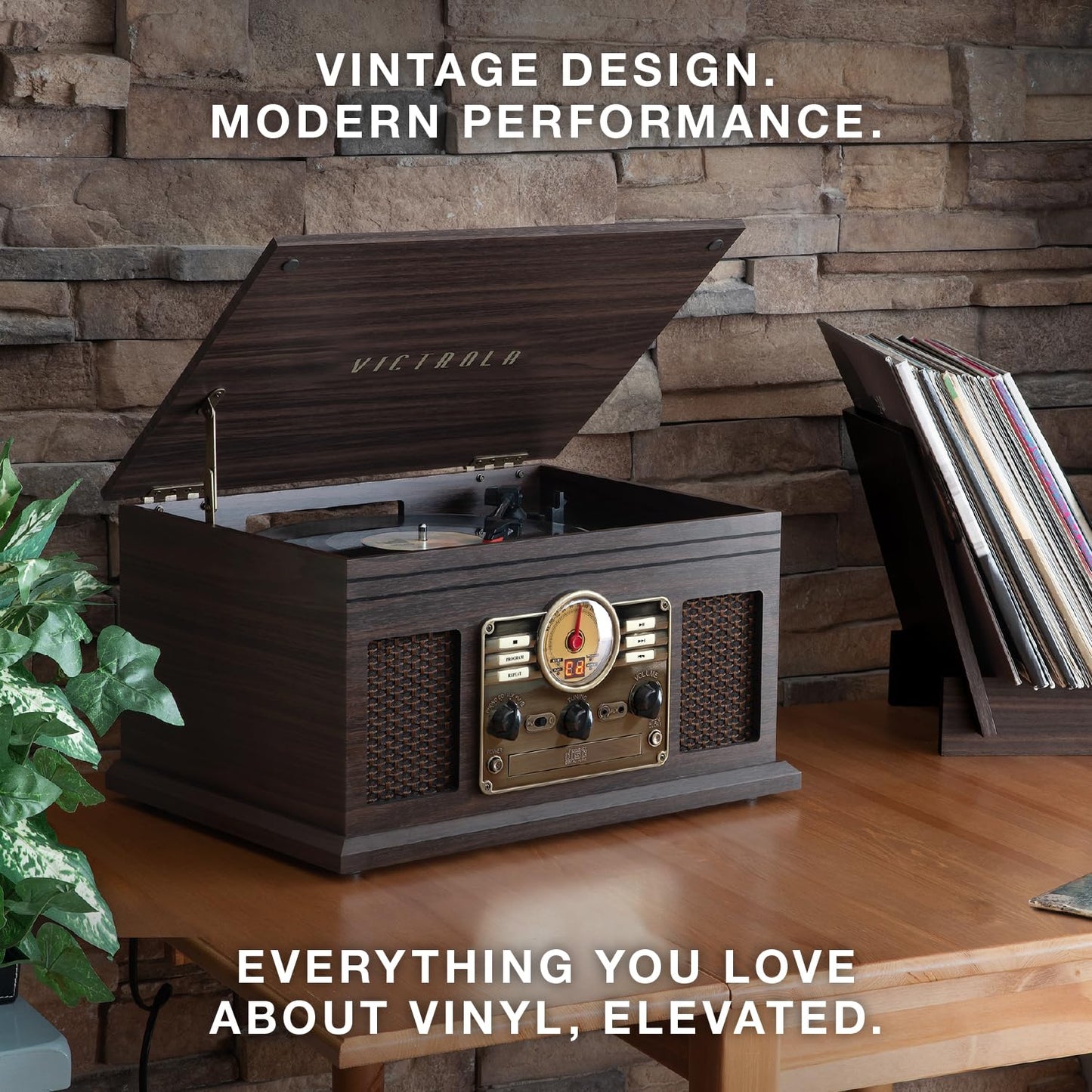 Victrola The Quincy 6-in-1 Bluetooth Record Player & Multimedia Center with Built-in Speakers – 3-Speed Turntable, CD & Cassette Player, AM/FM Radio, Wireless Music Streaming (Mahogony)