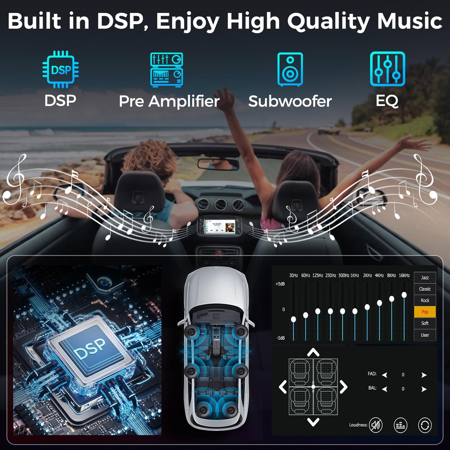 Kissound Double Din Car Stereo with 7" HD Touchscreen, Wireless Apple Carplay & Android Auto, Bluetooth, 240W, SWC, Subwoofer Output, Mirror Link, FM/AM Car Radio Receiver, Backup Camera