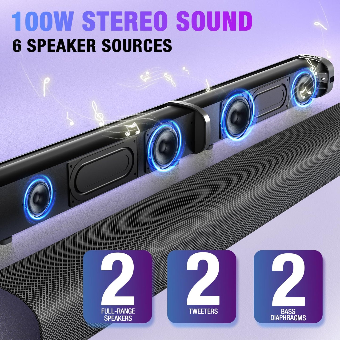 Yenjuty Sound Bar, 100W Sound Bar for Smart TV, Bluetooth 5.3 Soundbar, 2 in 1 Detachable Home Speaker Bass Effect, Home Theater Surround Sound, ARC/Optical/AUX/USB Connections, for TV/PC/Projectors - Volt-Edge Technologies®