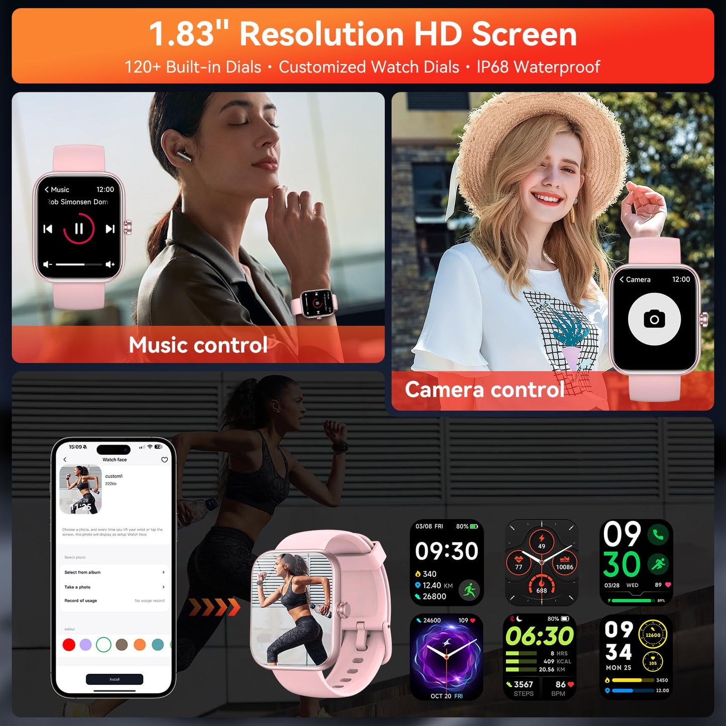 Smart Watch with Alexa Built-in, 1.83" HD Touchscreen Fitness Tracker, Bluetooth Notifications/Calls, IP68 Waterproof, 120+ Sport Modes, 24/7 Heart Rate & Sleep Monitor for iPhone Android iOS (Pink)