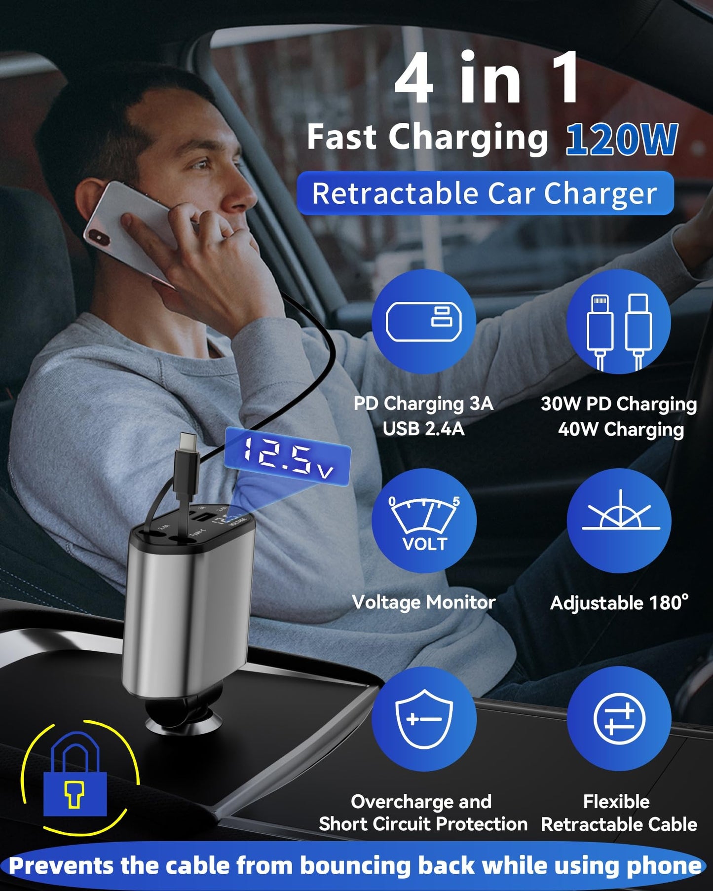 Retractable Car Charger, 4 in 1 Fast Charging Car Charger USB-C & USB-A Compatible with iPhone 16/15/14/13/12/11,Galaxy,Pixel