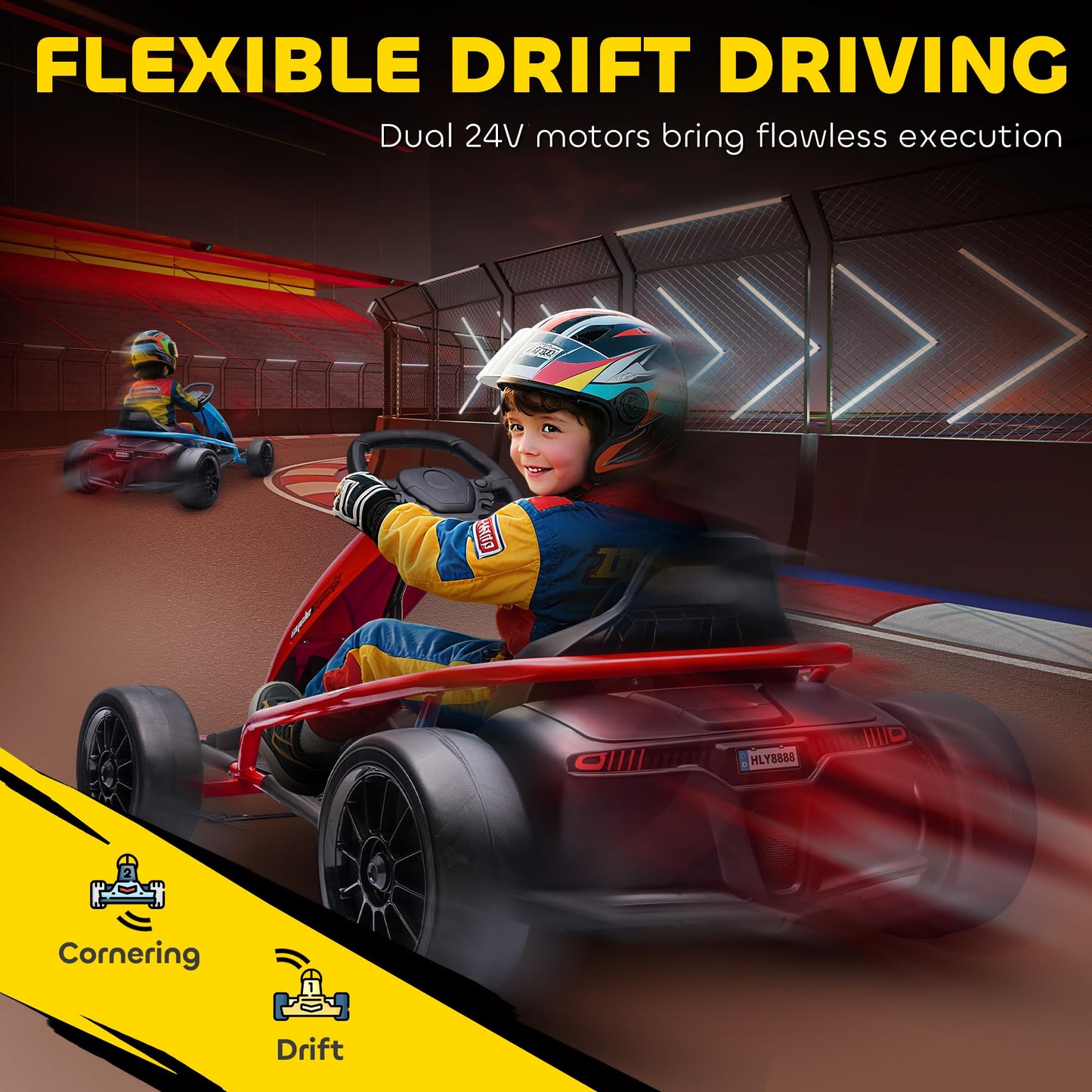 Aosom 24V 8.1 MPH Electric Go Kart, Drifting Car Battery Powered Ride on Toy Outdoor with Slow Start, Music, Horn Honking and Safety Belt, for 8-12 Years Old, Red