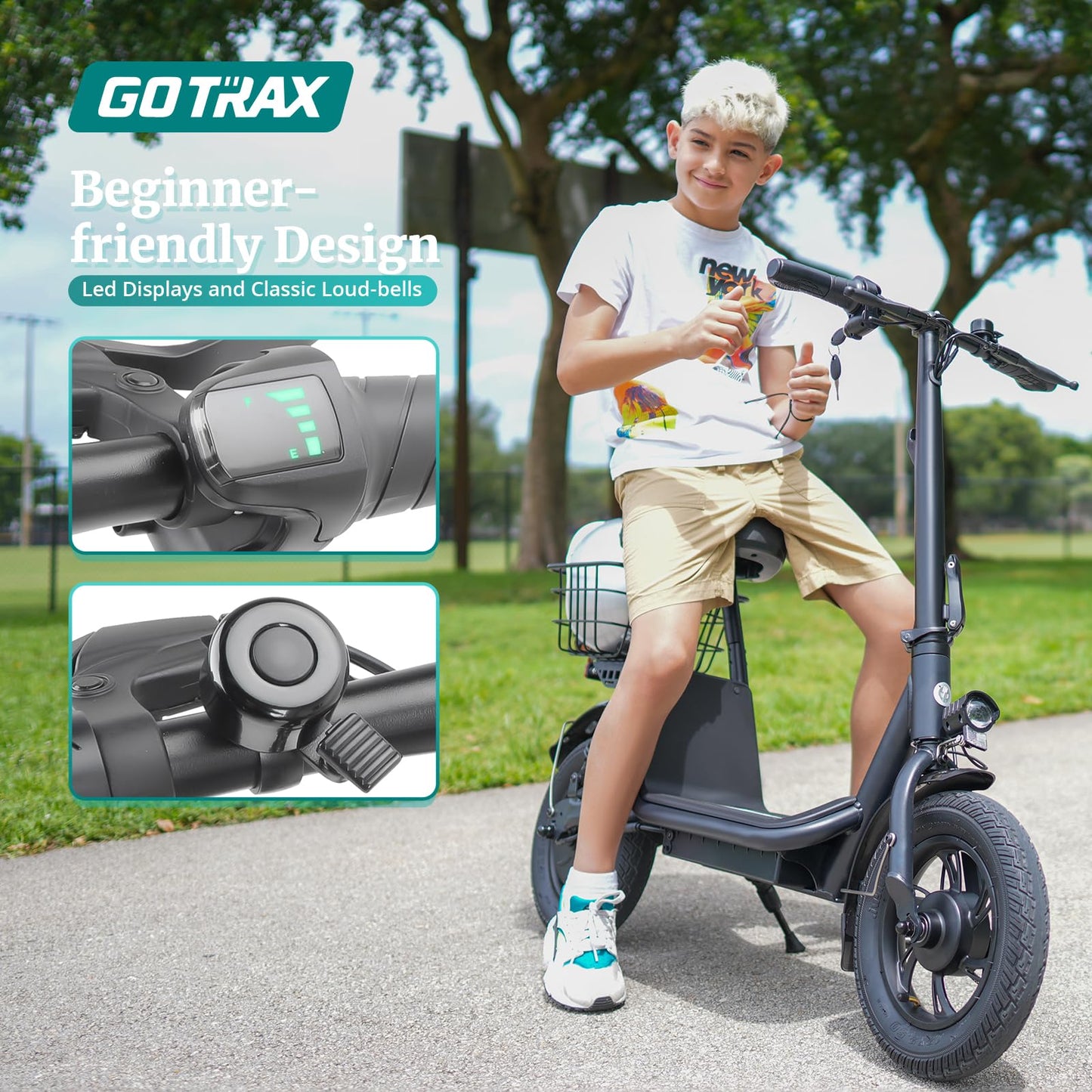 Gotrax A5 Electric Scooter w/Seat for Adults, 12" Pneumatic Tire, Max 15.5 Miles&15.5 Mph Power by 400W Motor, Dual Rear Shock Absorber&Dual Brake, Comfortable Wider Seat&Carry Basket&Hook, White