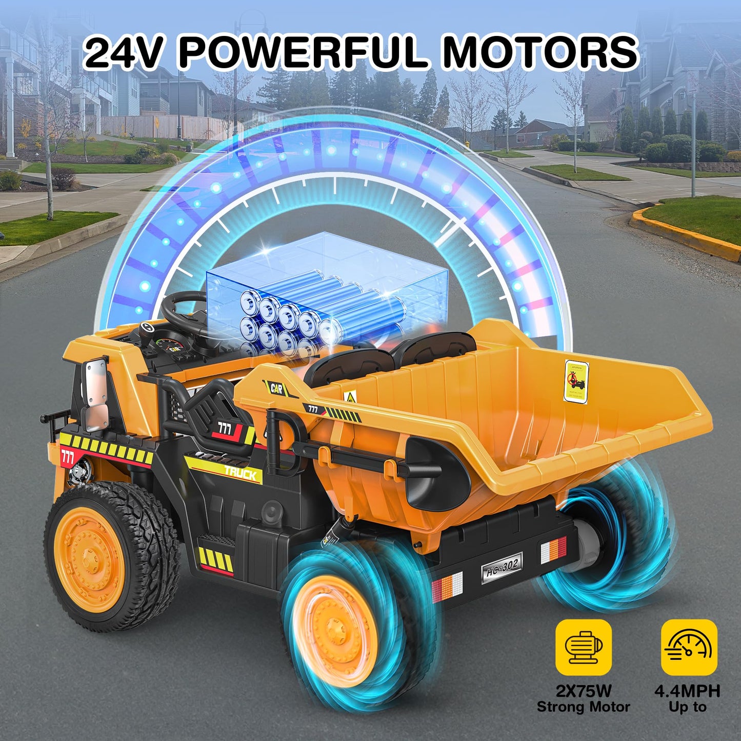 ANPABO 24V Ride On Dump Truck, 2X75W Powerful Motors, Up to 4.4Mph, EVA Tires, Construction Vehicle w/Electric Dump Bed and Extra Shovel, 19" Spacious Seat, Kids Car w/Parent Remote -Yellow