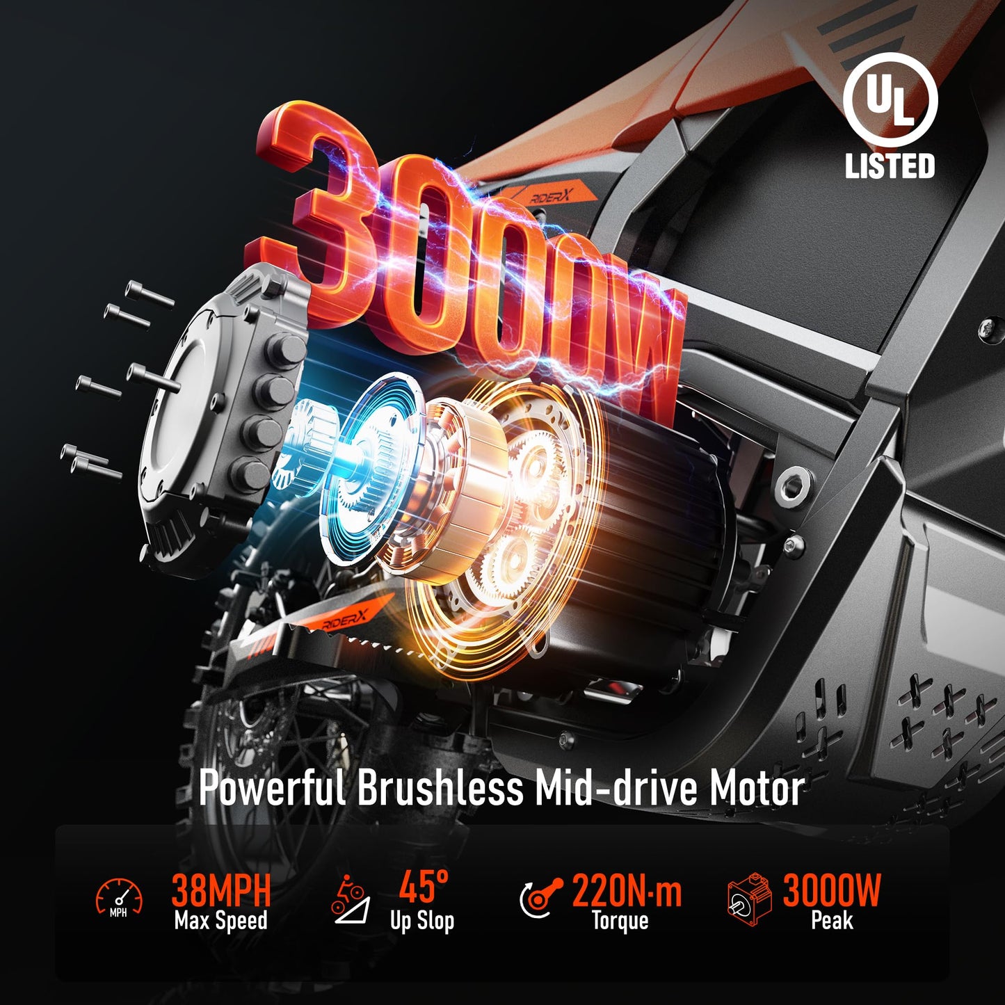 RiderX Electric Dirt Bike for Adults Teens, 3000W Brushless 220Nm Motor - 45° Slope, 38 MPH, 48V/23.5Ah Removable Battery, Dual Hydraulic Brakes & Full Suspension Electric Motorcycle for 13+, Orange