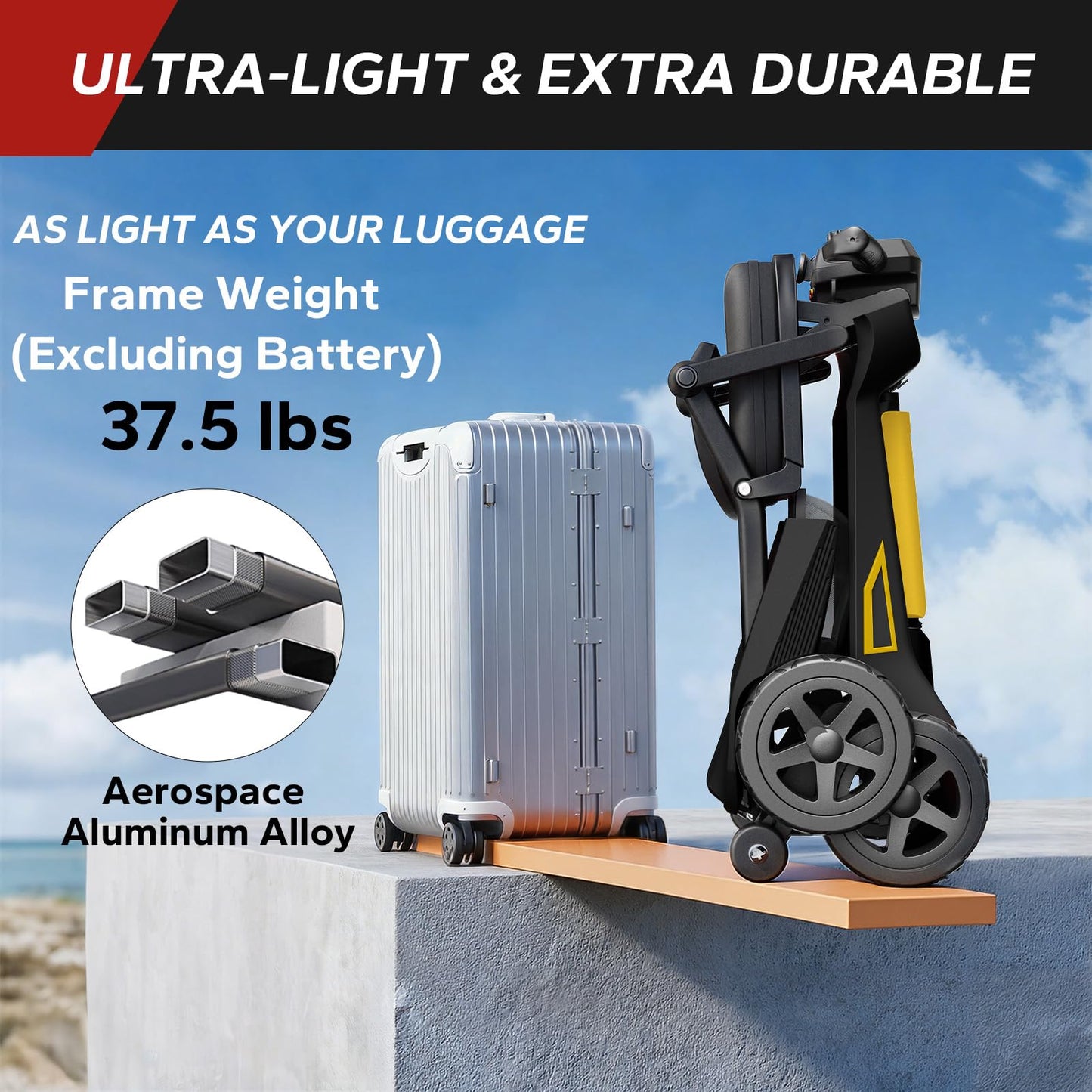 MediHoist Ultra Lightweight Foldable Electric Mobility Scooter for Adults & Seniors 24 Miles Range, 37.5 lbs Aluminum Frame, Airline Approved, Portable Scooter YL-985S