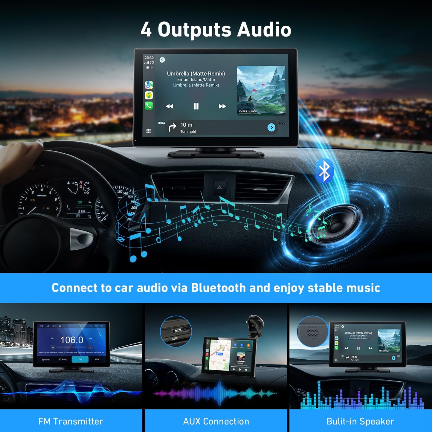 Gikktdr Wireless Carplay Screen for Car & Android Auto, 4K Dash Cam + 1080P Backup Camera, Portable Touchscreen, GPS Navigation, Bluetooth for All Cars (9inch)