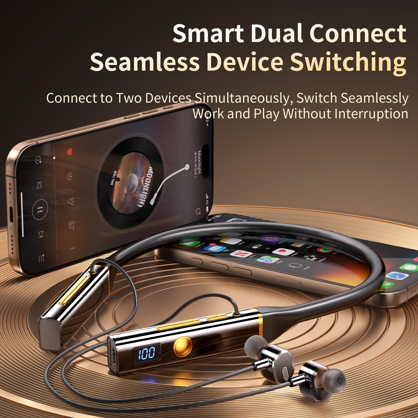 Kshttky Neckband Wireless Earbuds Around The Neck,Bluetooth V5.4 Headphones, 4-Driver Stereo Sound, 100 Hours Playtime, in-Ear with Mic for Sports, Fitness, Outdoor & Work (Black)