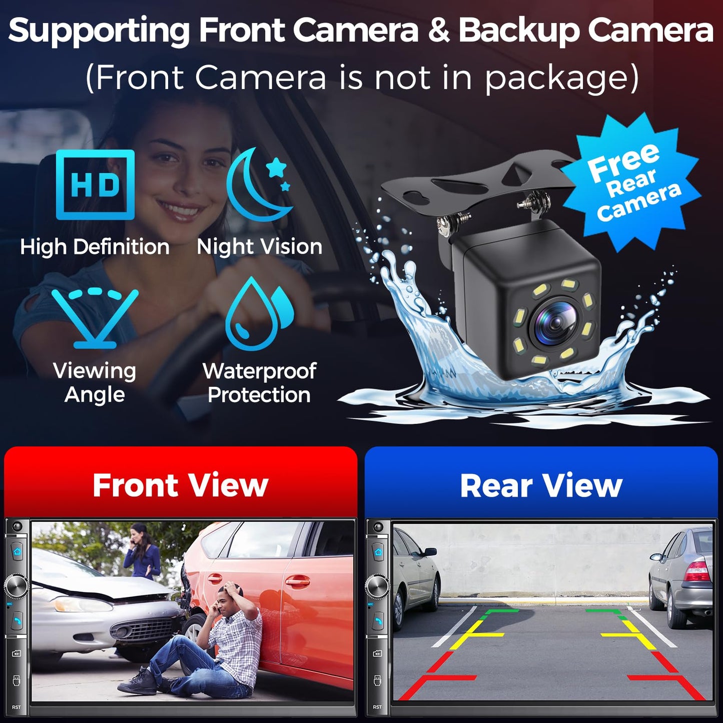 Kissound Double Din Car Stereo with 7" HD Touchscreen, Wireless Apple Carplay & Android Auto, Bluetooth, 240W, SWC, Subwoofer Output, Mirror Link, FM/AM Car Radio Receiver, Backup Camera