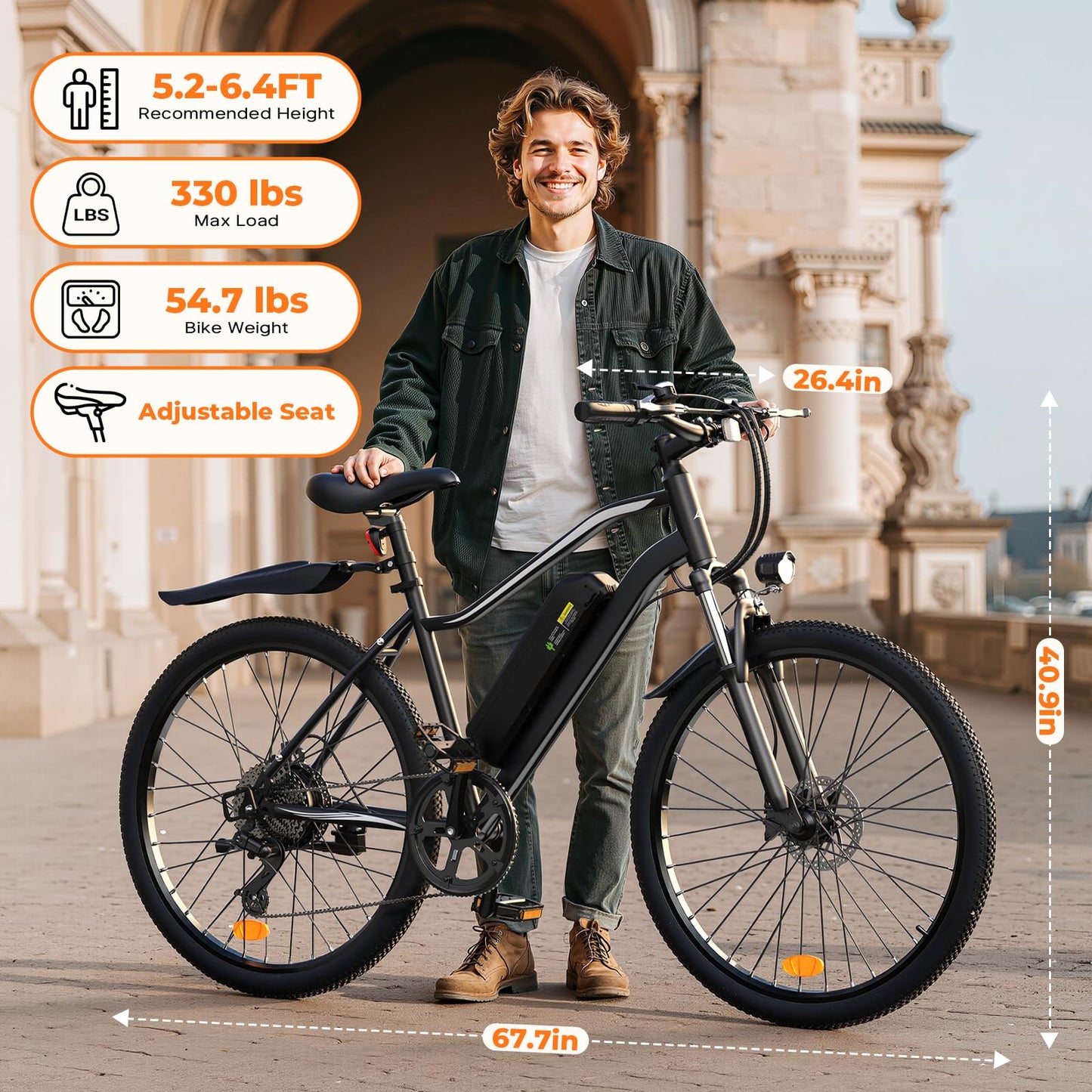 Fcgeoi Electric Bike, 750W Peak Motor, 60+ Miles Range & 20MPH, Removable Battery, 26" Tires, Dual Disc Brake, Shock Absorber, Commuting Electric Bikes for Adults