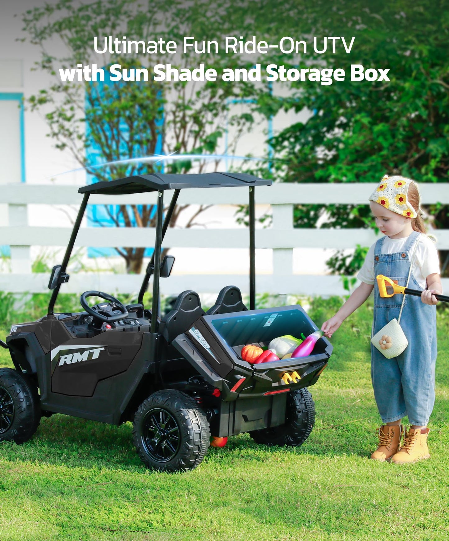 ELEMARA 24V Side by Side Electric Off-Road Truck, 4.5MPH, 2 Seater Ride on Toy for Big Kids w/Sun Shade, Electric Vehicles for Kids, 2 Shock Absorbers, 3 Speeds, LED Lights,Bluetooth Music, Black