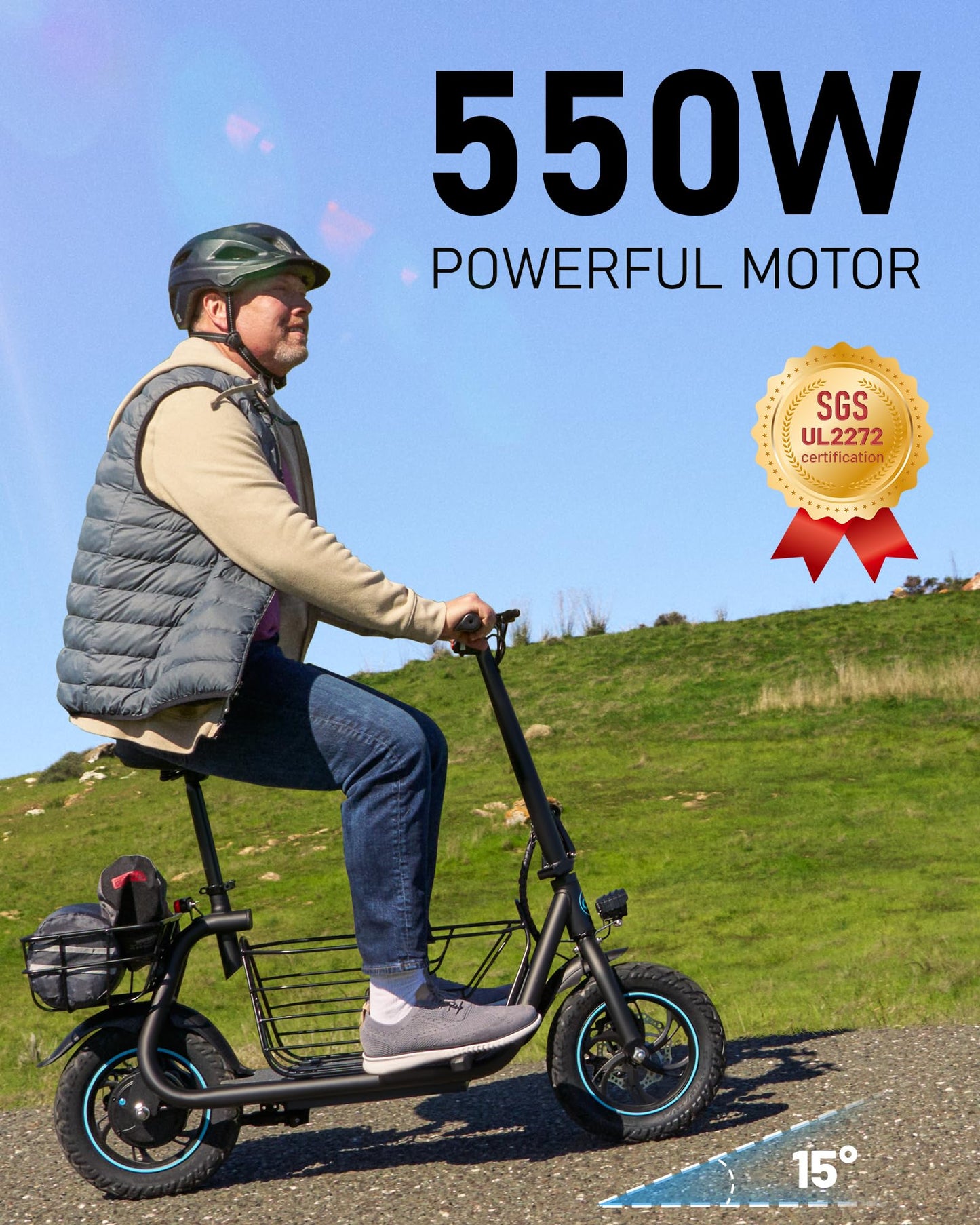 URBANMAX Electric Scooter with Seat, 550W Motor, 18.6MPH Top Speed, 20 Miles Range, Adults Electric Scooter with Large Storage Basket for Pets Dogs and Items,C1S-V1