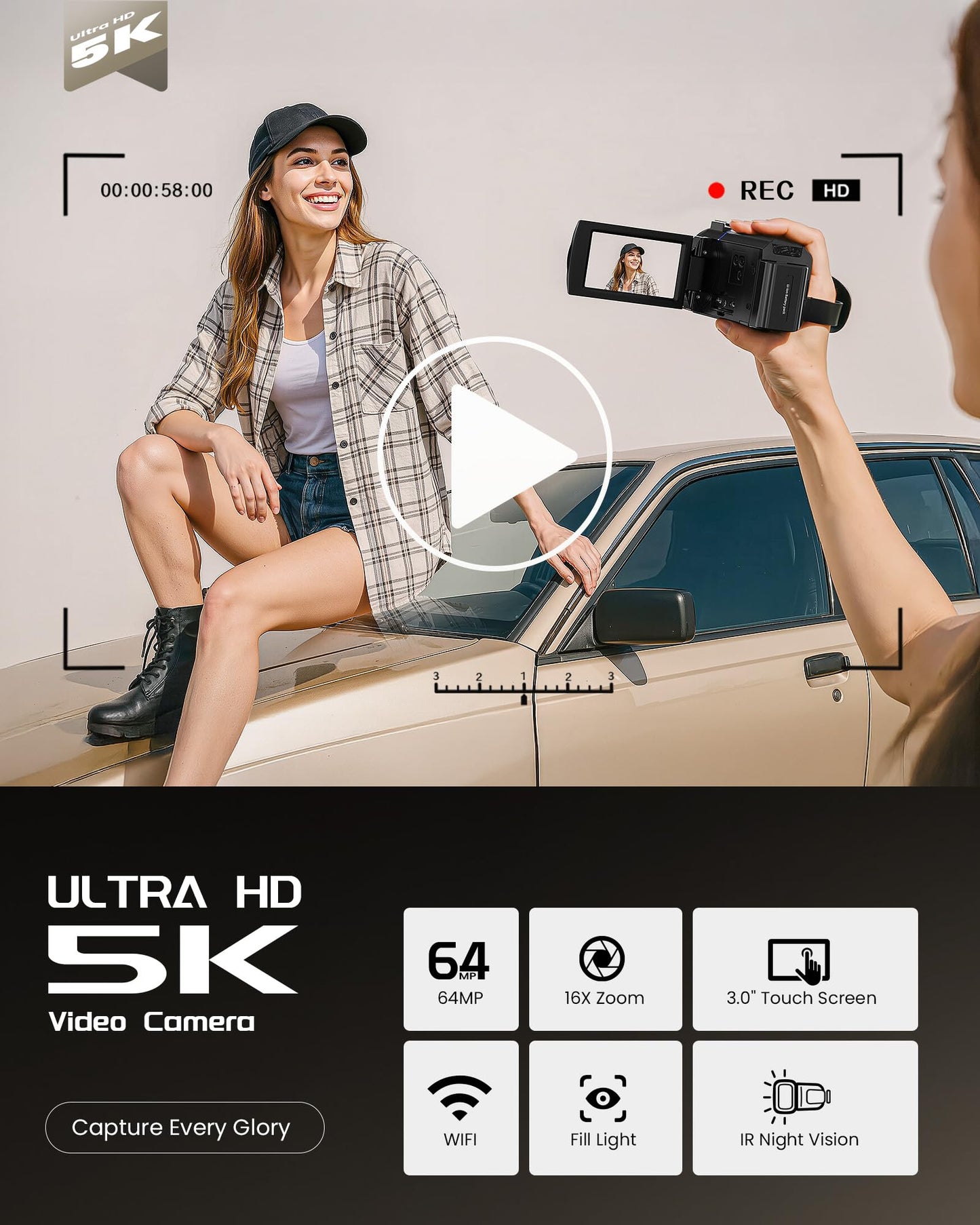 5K Video Camera Camcorder, UHD 64MP Vlogging Camera for YouTube with 3" 270° Rotatable Touch Screen, Digital Camera with IR Night Vision, 16X Zoom/WiFi/Webcam/HD/32GB Card/2 Batteries/Microphone