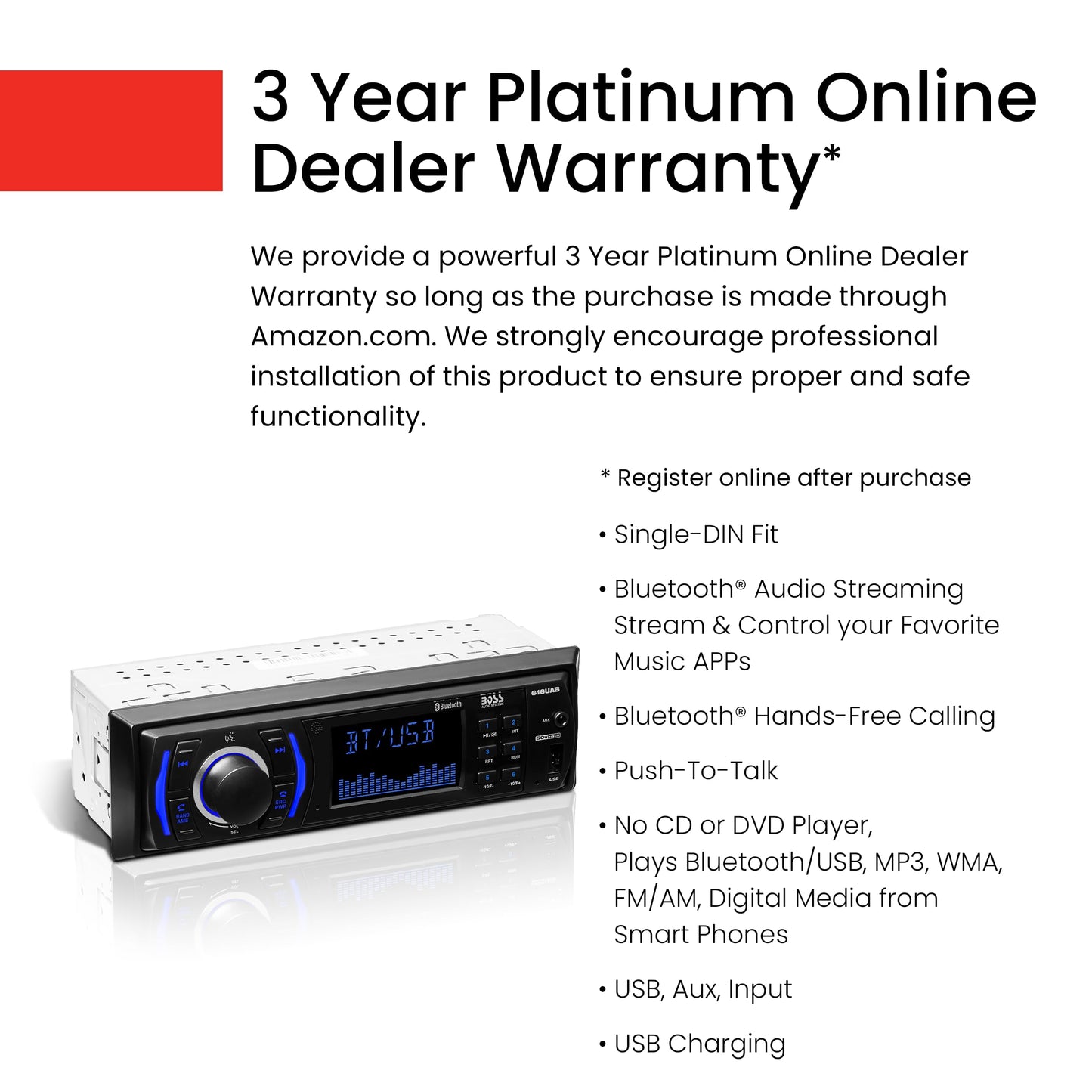 BOSS Audio Systems 616UAB Car Stereo With Bluetooth - Single DIN, MP3, USB, Aux-in, AM/FM, No CD DVD Player