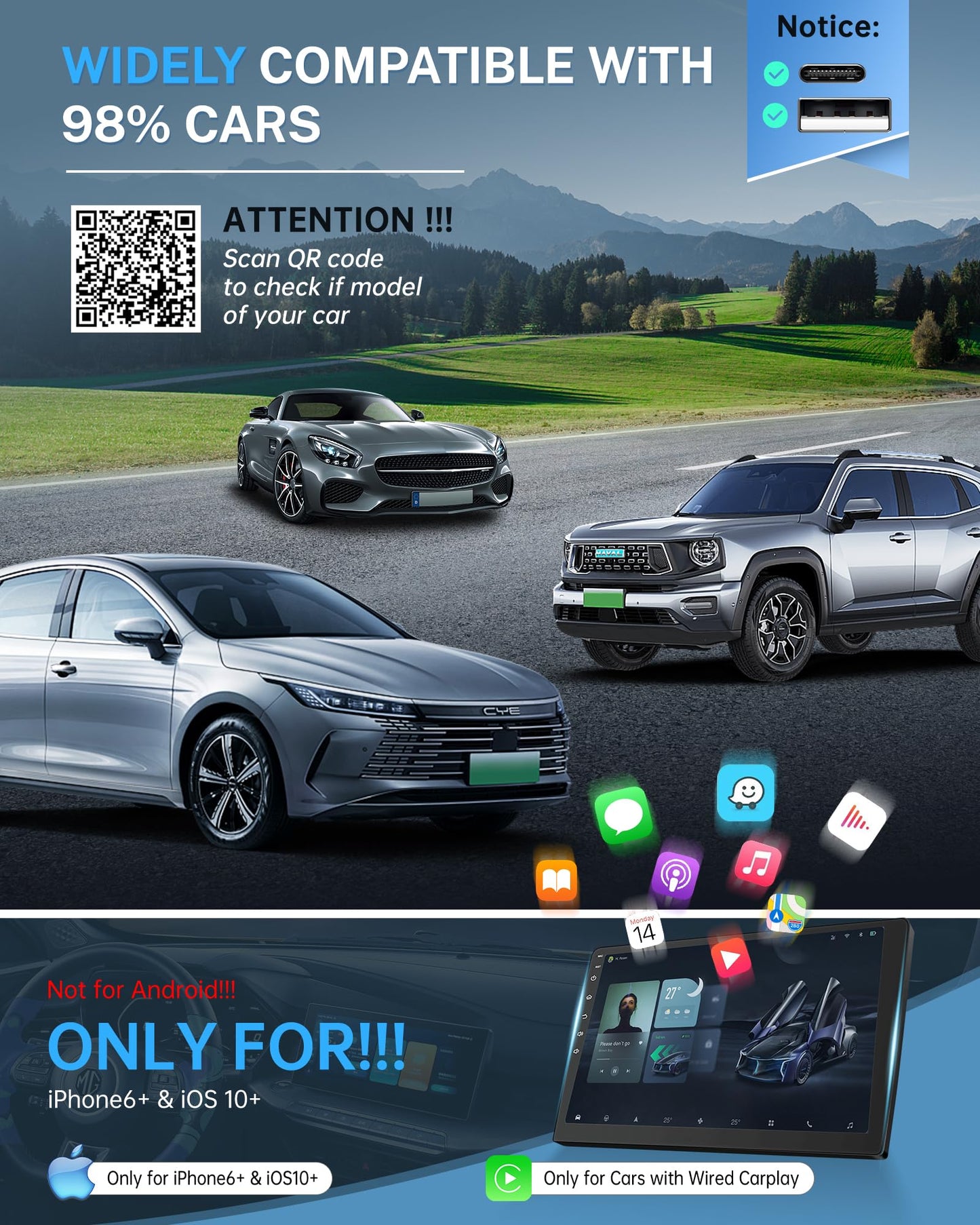 Jemluse Wireless CarPlay Adapter for Apple iPhone - Multi-User Seamless Connection for Convert Wired to Wireless Car Play Adapter - No Latency from iOS 10+ to Screen w/USB C (Gray)