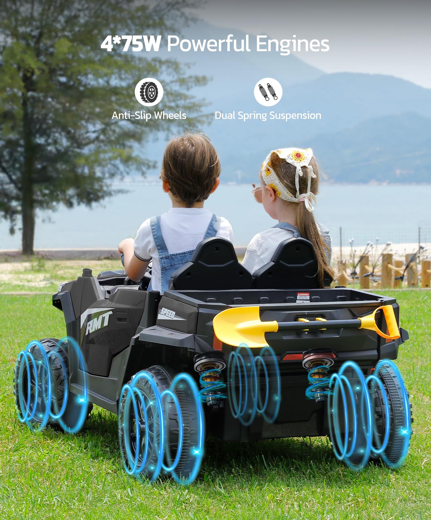 ELEMARA 24V Side by Side Electric Off-Road Truck, 4.5MPH, 2 Seater Ride on Toy for Big Kids w/Sun Shade, Electric Vehicles for Kids, 2 Shock Absorbers, 3 Speeds, LED Lights,Bluetooth Music, Black