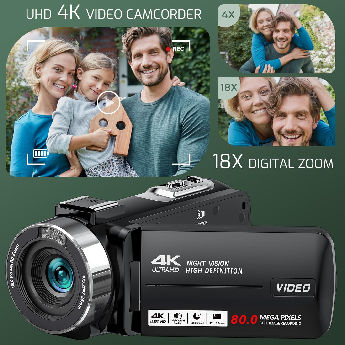 Suttie 4K Video Camera Camcorder Ultra HD 80MP Vlogging Camera for YouTube 18X Digital Zoom 3.0" IPS 270° Screen IR Night Vision Camcorder Recorder with 32GB SD Card, Lens Cap and 2 Batteries