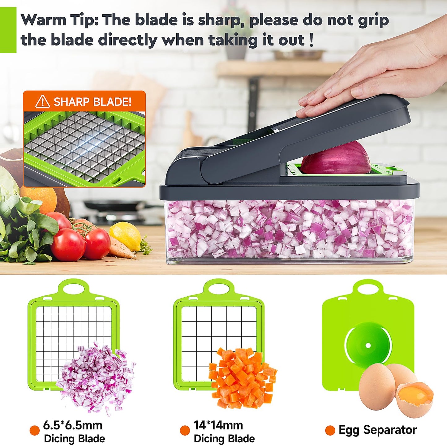 MealHelper 12-in-1 Vegetable Chopper, 7 Blade Veggie Chopper, Practical Food Chopper with Container, Cheese Grater, Home Essentials & Kitchen Gadgets(Green/Grey)