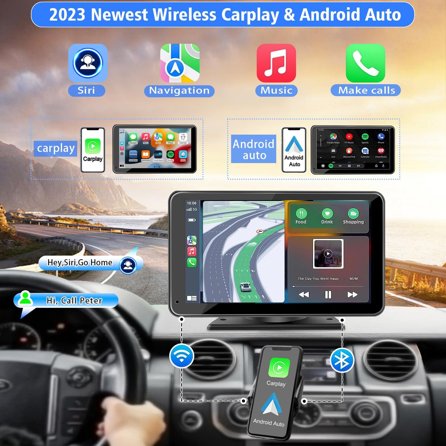 Portable Wireless with Apple CarPlay and Android Auto Screen for Car, 7" HD Touch Screen Car Stereo with Mirror Link, Bluetooth 5.2, Backup Camera, AUX,FM Transmitter for All Vehicle