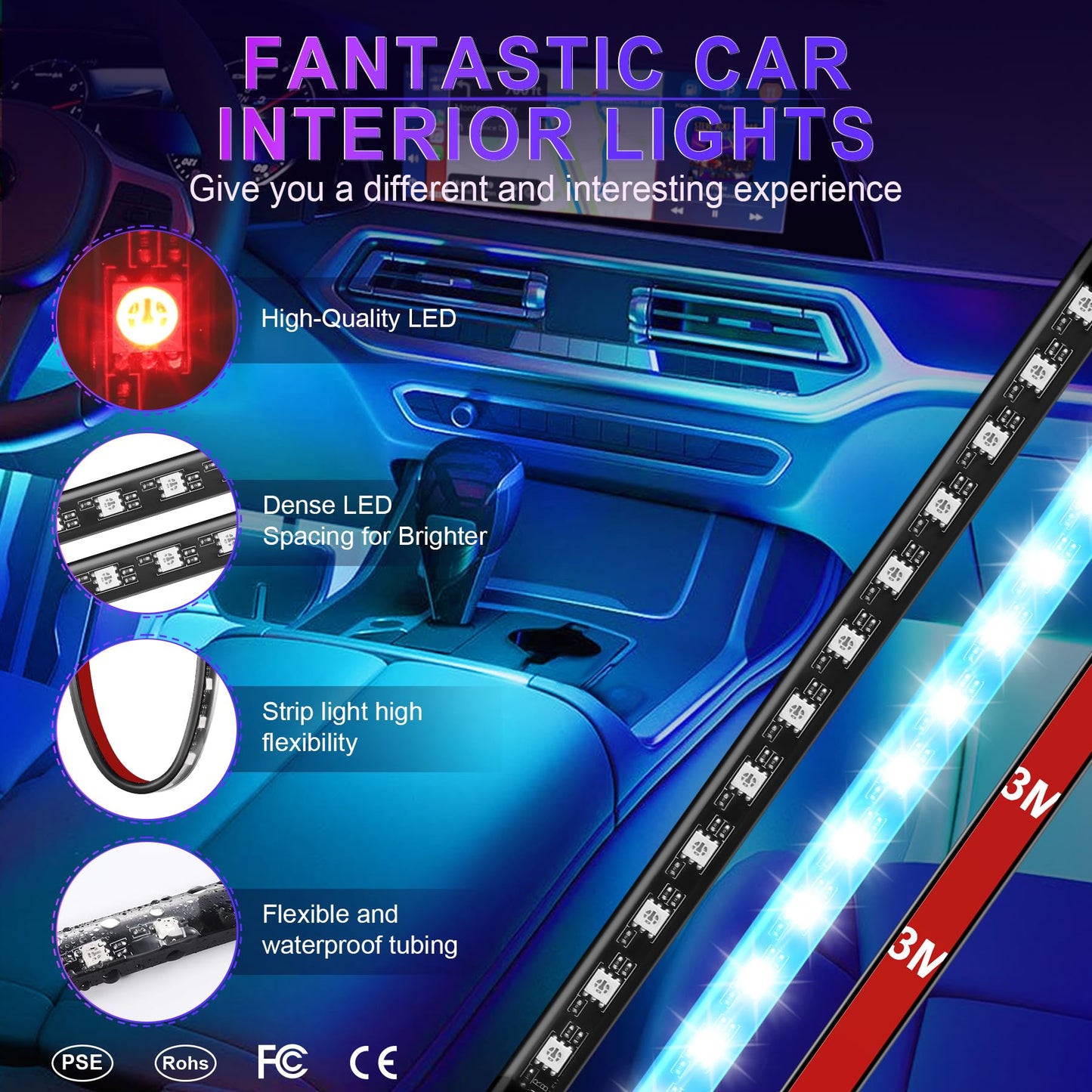 LivTee Accent Interior Car Lights, Smart Car Interior Lights with App Control, RGB LED Lights with Music Mode and DIY Mode, 2 Lines Design LED Lights for Cars with Charger, Car Accessories for Women