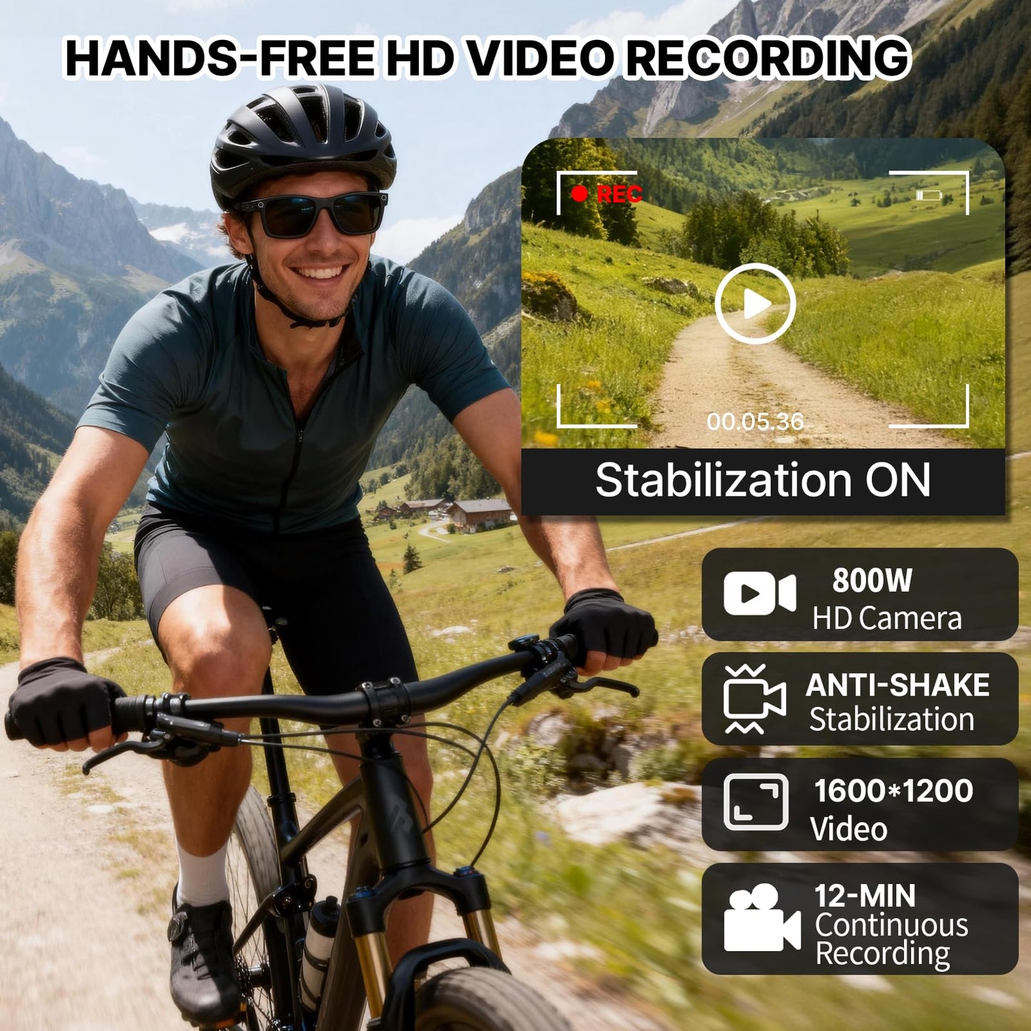 AI Smart Glasses with Camera, 800W HD 1200P Video Recording with Anti-Shake, Real-Time Translation, Object Recognition, Open-Ear Audio for Music & Clear Calls, Bluetooth WiFi App, IP65 Waterproof 32GB