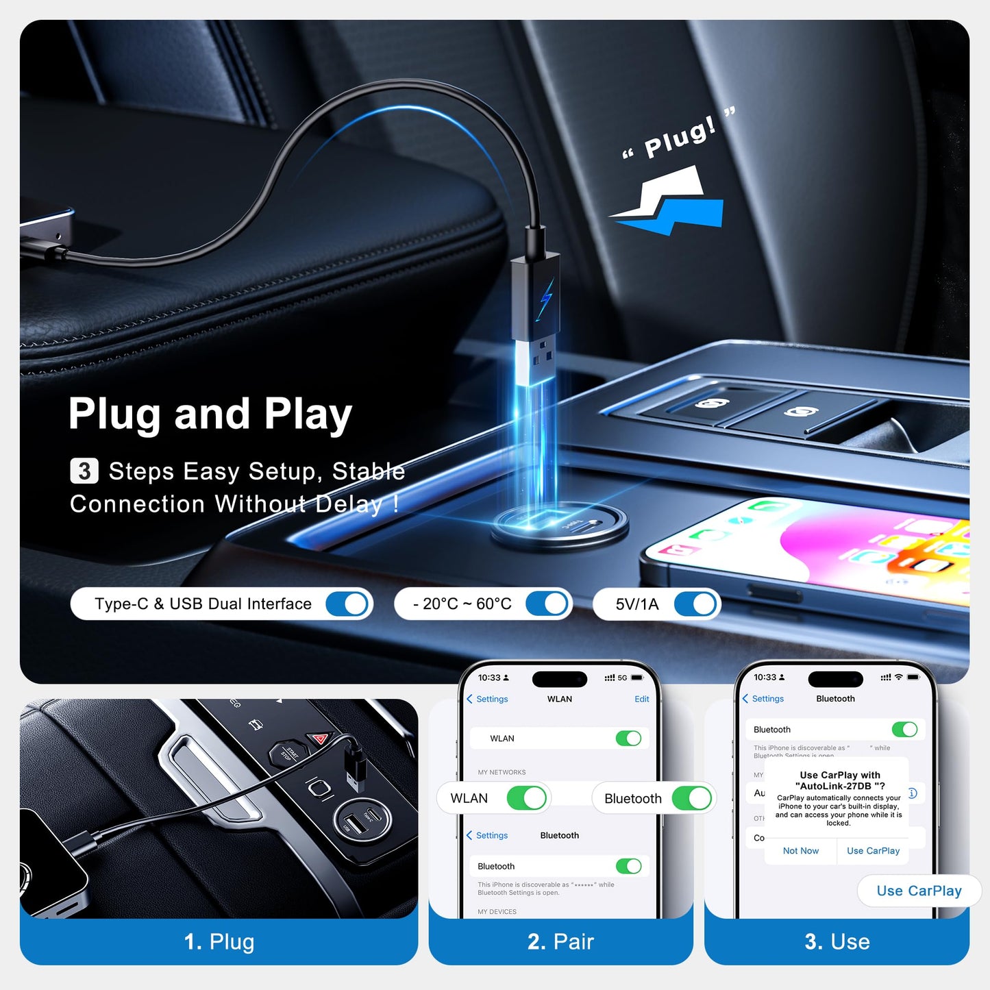 AI Box Wireless CarPlay & Auto Adapter - Plug & Play, Dual-Band WiFi, Bluetooth 5.0, 4K Video Support, Android 12.0 System, Compatible with Factory CarPlay & Android Auto (4GB RAM+32GB ROM)