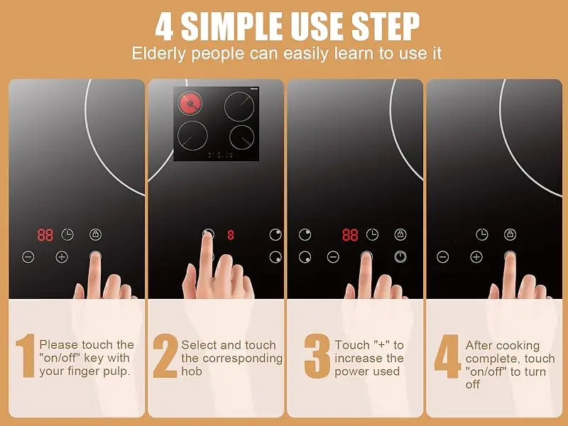 Ceramic Hob 60cm, Karinear Ceramic Glass Cooktop 4 Zones, 6000W Built-in, 220-240V, No Plug, Safety Lock, Timer, Touch Control