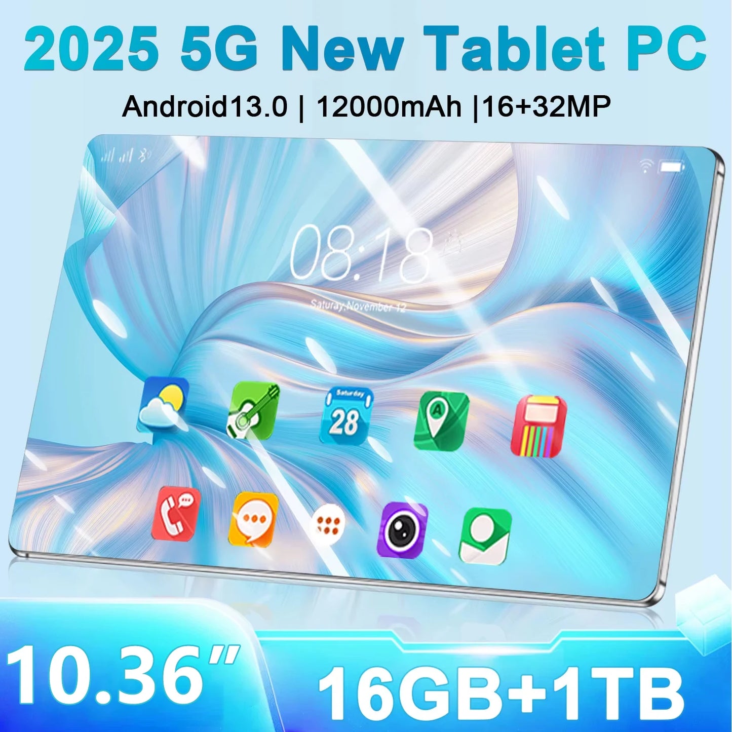 2025 New 5G Tablet Android 13.0 10.36Inch 16GB RAM 1TB ROM Tablets 16MP 32MP 12000mAh 10Core WiFi Bluetooth Network Tablet GPS