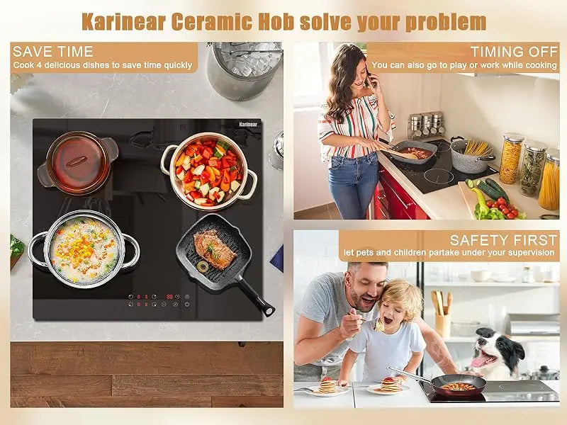 Ceramic Hob 60cm, Karinear Ceramic Glass Cooktop 4 Zones, 6000W Built-in, 220-240V, No Plug, Safety Lock, Timer, Touch Control