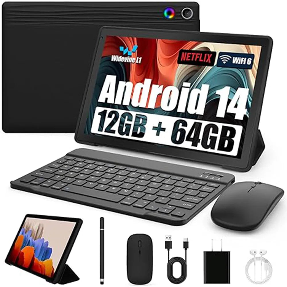A10L 10 Inch Android Tablet 12GB RAM 64GB ROM IPS HD Touch Screen with Keyboard Case Mouse Stylus 8 in 1 Tablet Kit
