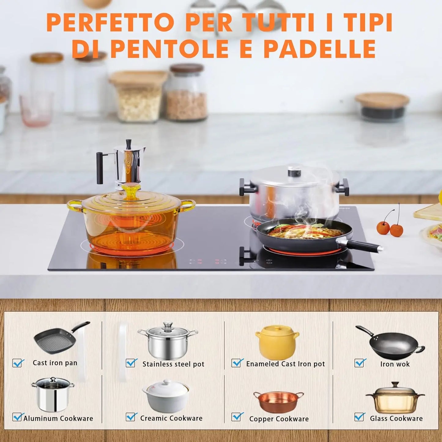 Ceramic Hob 60cm, Karinear Ceramic Glass Cooktop 4 Zones, 6000W Built-in, 220-240V, No Plug, Safety Lock, Timer, Touch Control