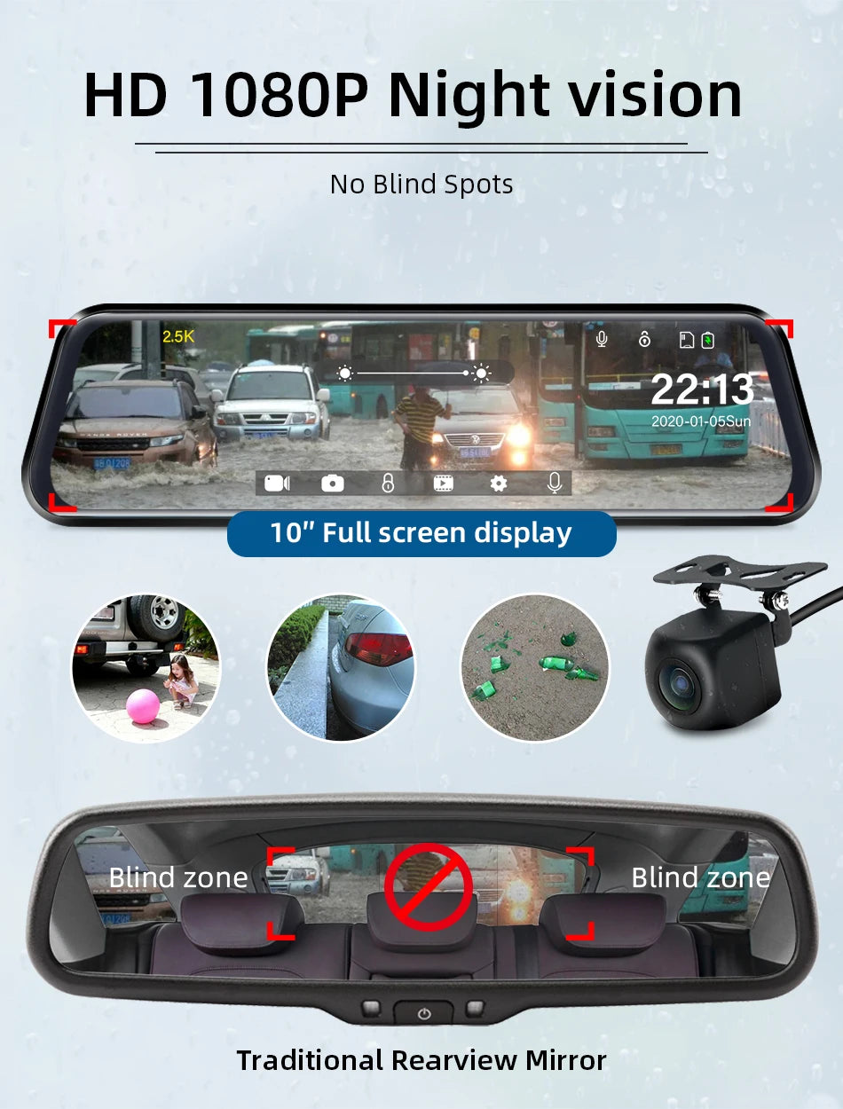 Jansite 10-inch 2.5K+1080P Car DVR Touch Screen Video Recorder Dual Lens Rear view Mirror Dash Cam Rear Camera Voice Control