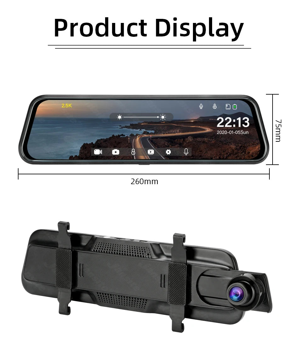 Jansite 10-inch 2.5K+1080P Car DVR Touch Screen Video Recorder Dual Lens Rear view Mirror Dash Cam Rear Camera Voice Control
