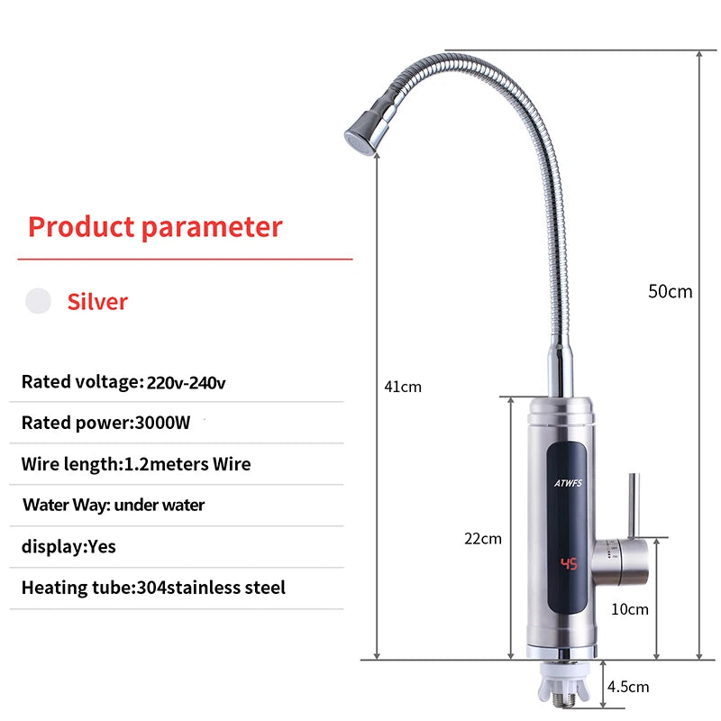 ATWFS Instant Water Heater Faucet Tankless Heaters Kitchen Hot Water Tap Bathroom Heating Electric 220v Stainless Steel Shell