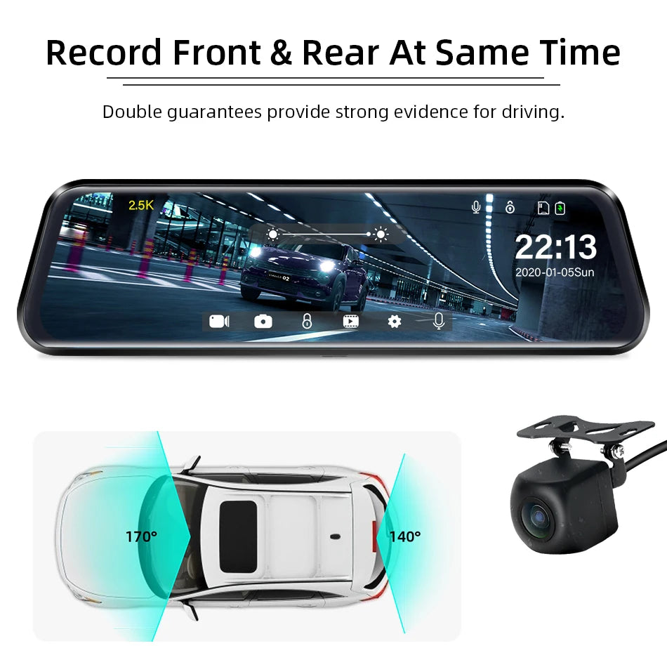 Jansite 10-inch 2.5K+1080P Car DVR Touch Screen Video Recorder Dual Lens Rear view Mirror Dash Cam Rear Camera Voice Control