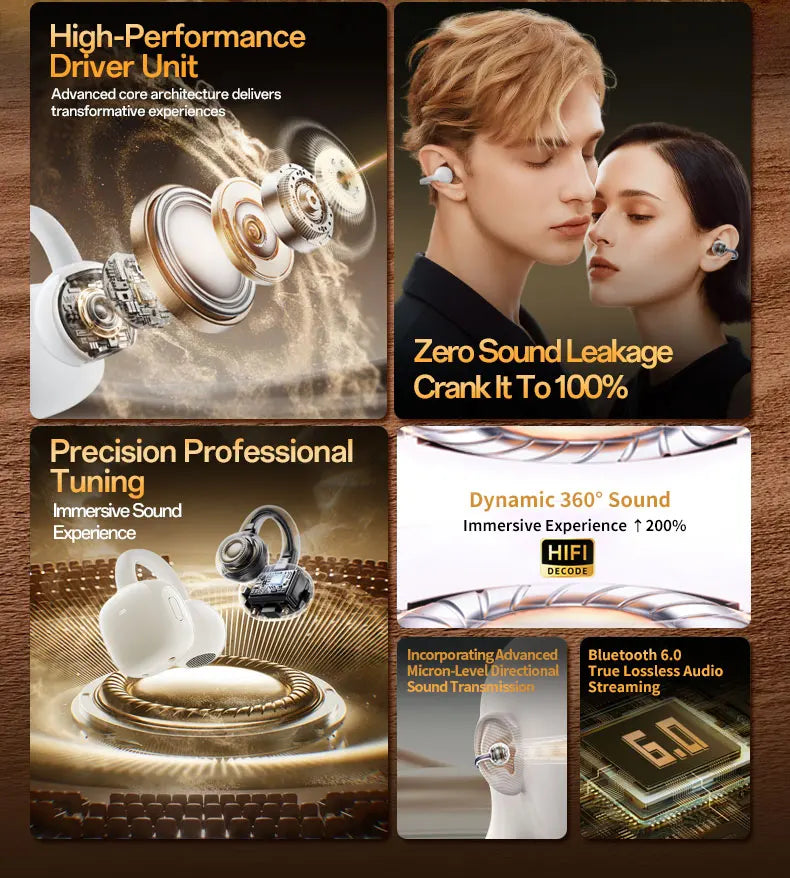 Ear Clip Earbuds 6th Gen Bluetooth 6.0 Headphones Surround Sound Earphone Touch Control Wireless Headset Noise Reduction HD Call