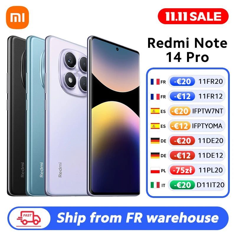 FR Warehouse Xiaomi Redmi Note 14 Pro 4G Smartphone Global Version 5500mAh 6.67" AMOLED MediaTek Helio G100-Ultra 200MP Camera