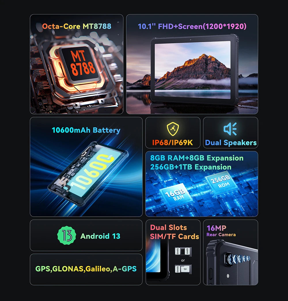 Cubot TAB KINGKONG, Rugged Tablet Android 13, IP68 Waterproof, 16GB RAM(8GB+8GB Extended), 256GB ROM, 10600mAh,10.1" FHD+ Screen