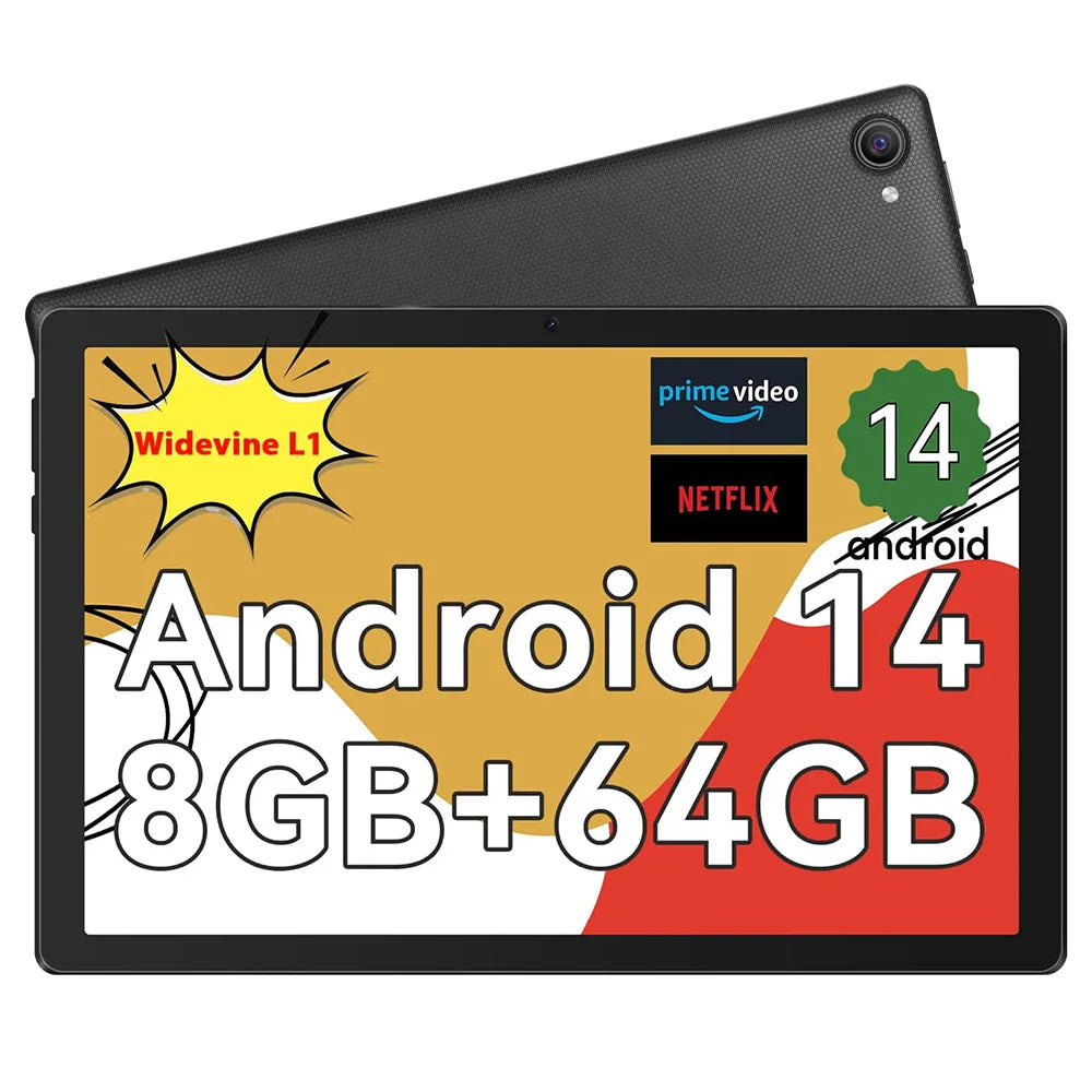 URAO 10 Inch Tablet Android 14 8GB(3+5 Expand) RAM 64GB ROM 1TB Expand 1280x800 IPS Screen 5000MAH Battery Dual Cameras WiFi 6