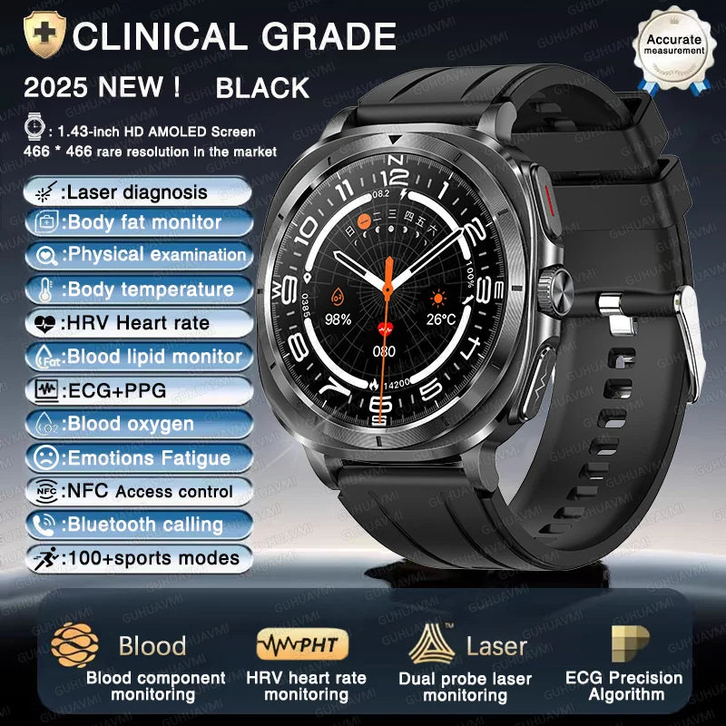 2025 New Precise Blood Lipids Uric Acid Smart Watch Men ECG+PPG Clock Blood pressure Body analysis HD Call NFC Health Smartwatch
