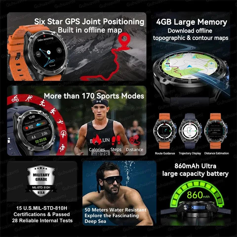 2025 New Military Sport GPS 4GB Memory Smartwatch Men 5ATM Waterproof Fitness Tracker Offline Maps 860Mah Battery Smart Bracelet