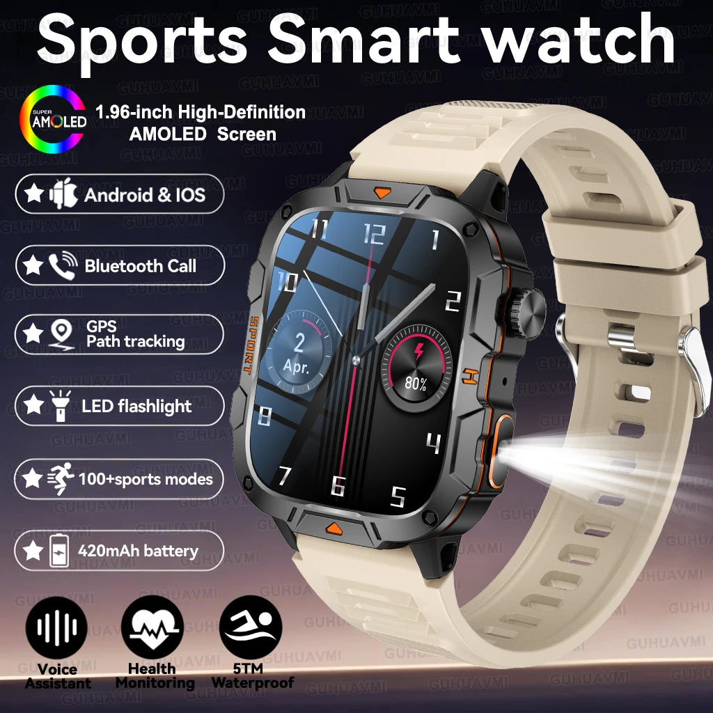 2025New Rugged Military GPS Track Smart Watch Men Bluetooth Call 5ATM Waterproof Flashlight Outdoor Sports SmartWatch For Xiaomi