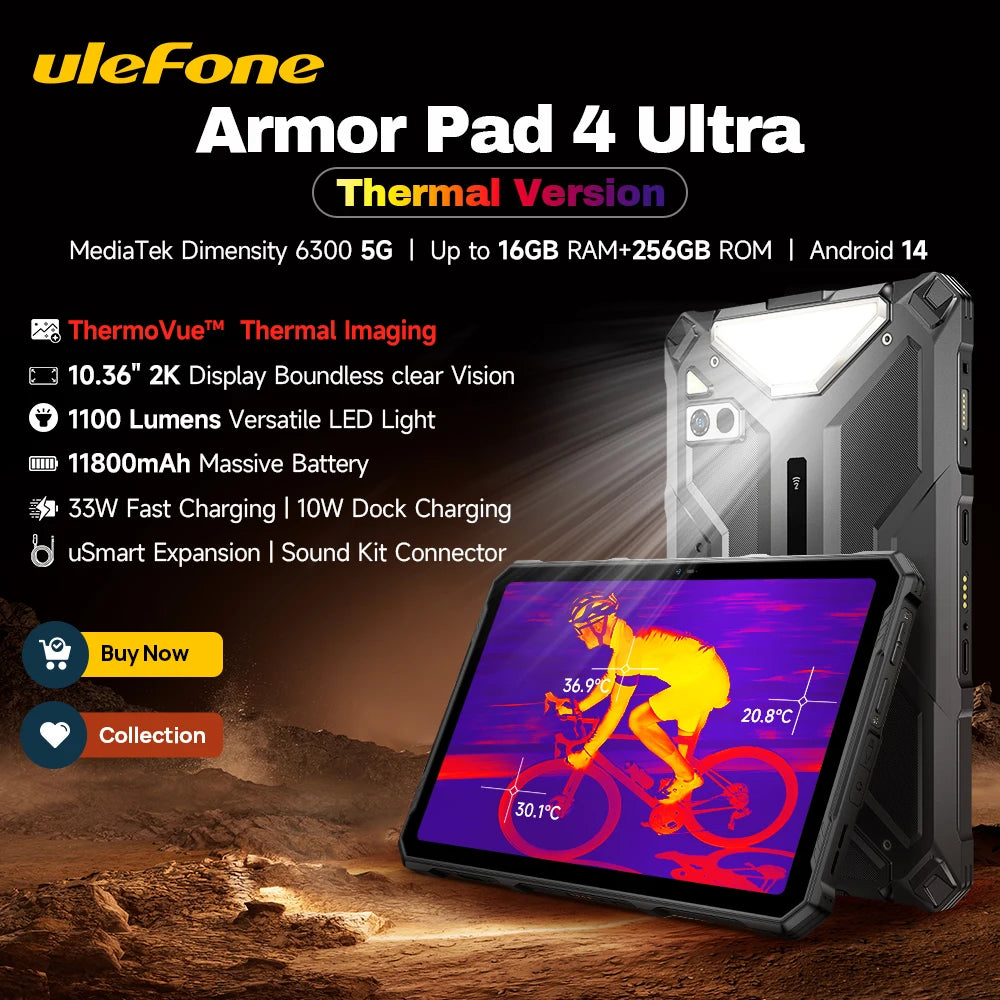 Ulefone Armor Pad 4 Ultra 5G Rugged Tablet Thermal lmaging 10.36"2K Up to 16GB RAM 256GB ROM Android 14 11800mAh