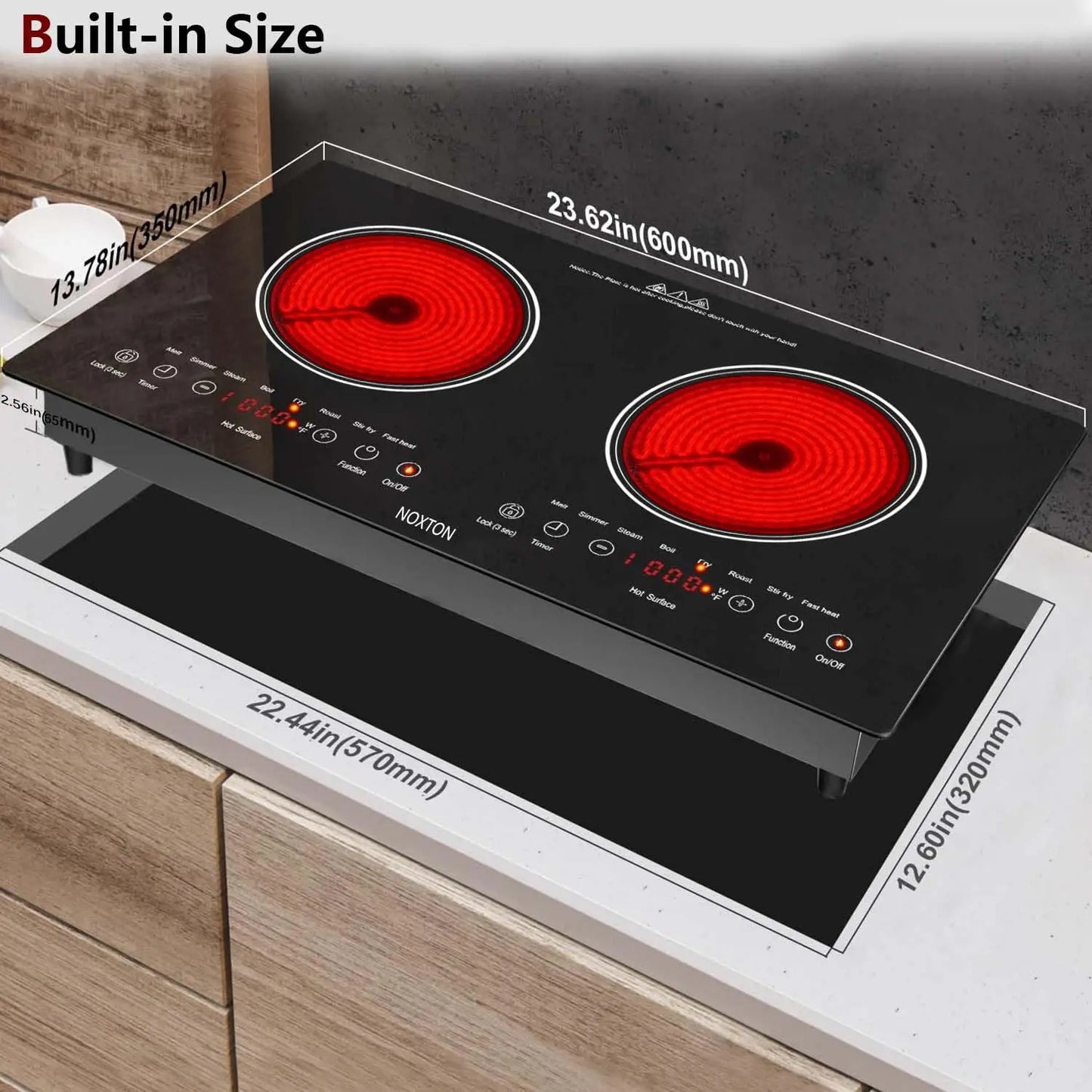 Noxton 2 Burners Electric Cooktop, 24" Built-in & Countertop Stove, Two Burner Ceramic Cooktop, Portable 110V Plug-in Cooktop