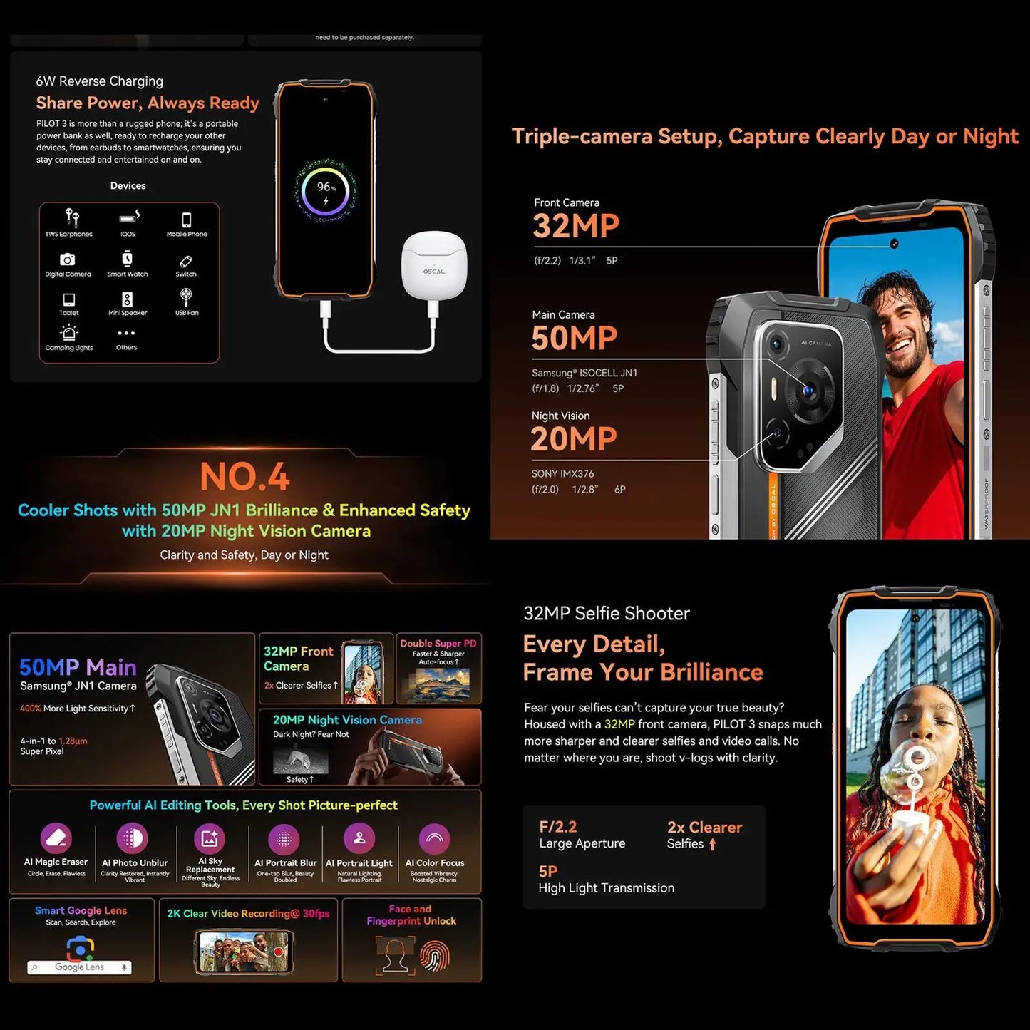 Blackview Oscal Pilot 3 5G AI Rugged Phone 12GB+256GB 6.78" 2.4K Display 7500Amh Battery Android 15 MTK 6300 5G NFC Smartphone