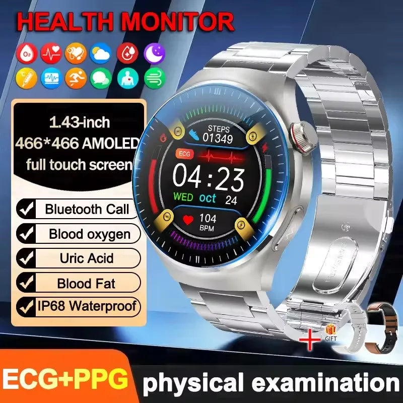 2025 New ECG Blood Pressure Blood Oxygen Blood Lipids Uric Acid Heart Rate Temperature Monitor AMOLED Bluetooth Call Smart Watch