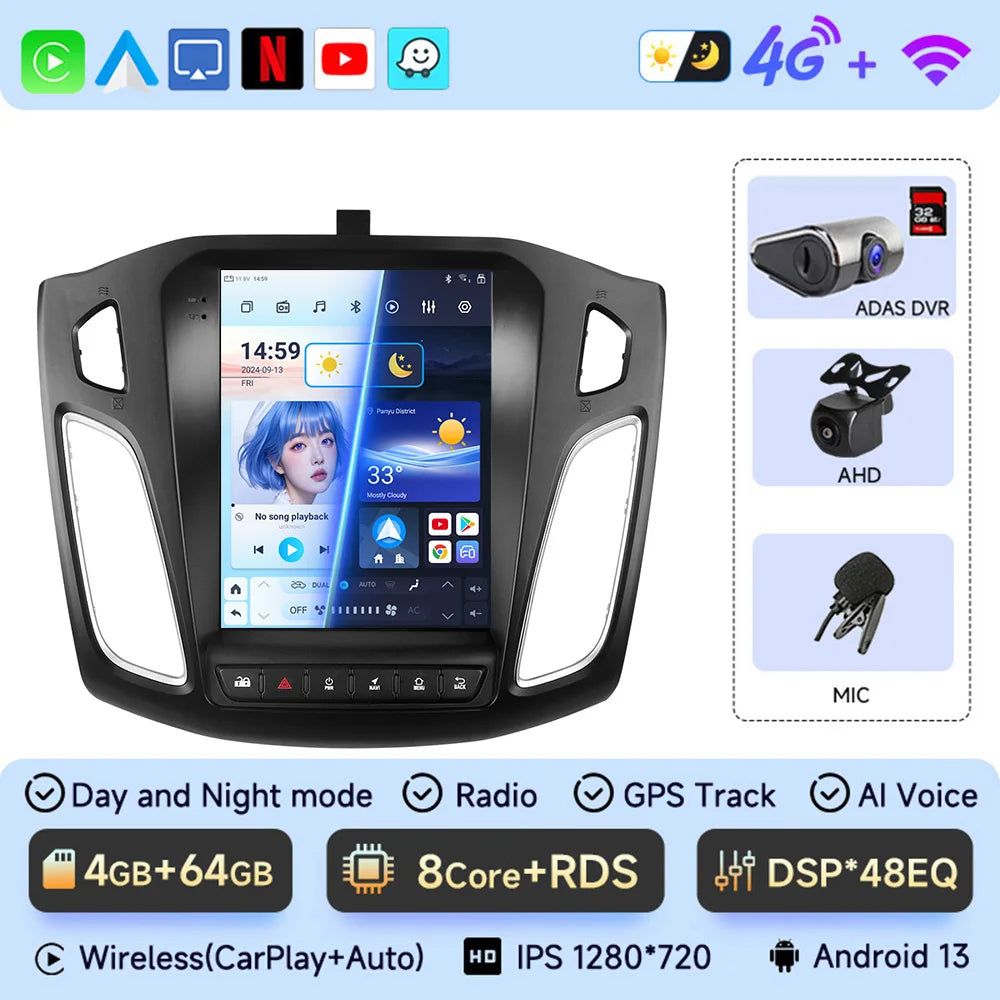 Android 13 Car Radio for Ford Focus Mk3 2011-2017 Multimedia Player 2Din Navigation Carplay Head Unit Stereo 9.7" Speakers Audio